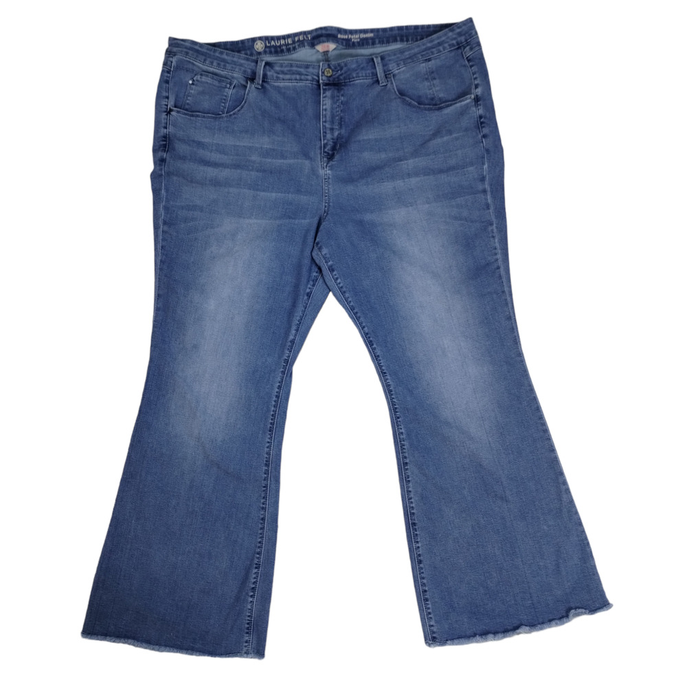 Laurie Felt Rose Petal Denim Flare Raw Hem Blue Jeans, Size 28W